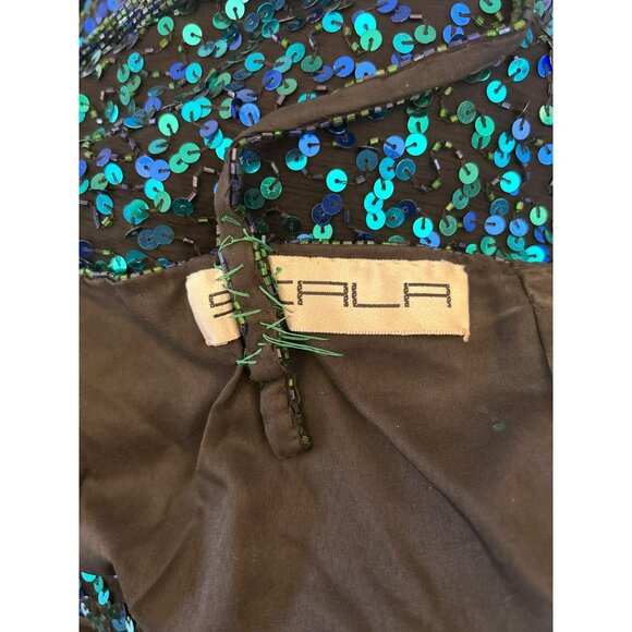 Vintage Scala Blue Green Fully Beaded Silk Evening Gown Medium Prom Y2K Rare - Picture 11 of 12